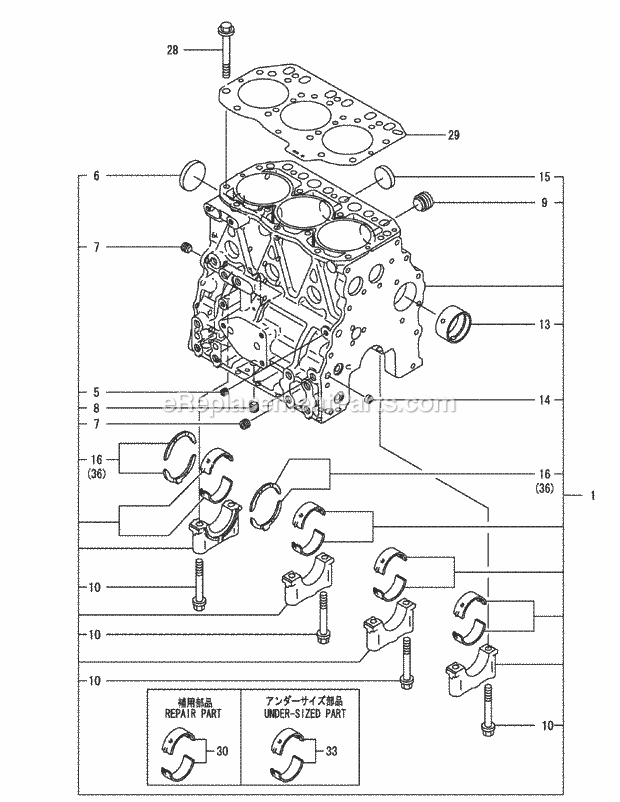 Yanmar 3tnv82a-Bdcb Cylinder Block Diagram and Parts List for S6032-D 53AY8DU6050-312HP Cub Cadet Lawn Tractor